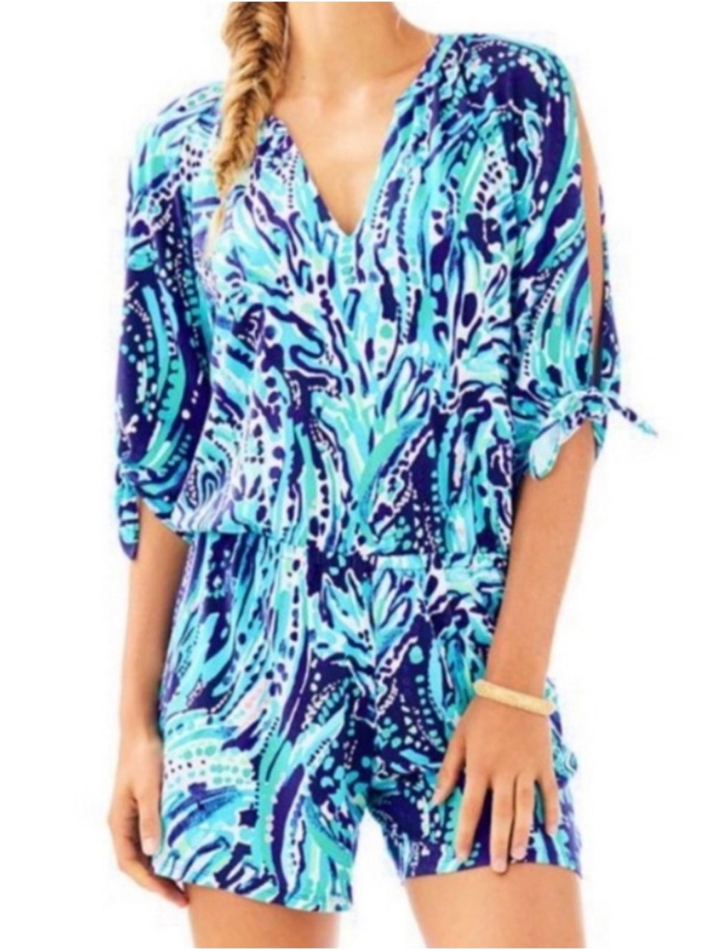 Lilly Pulitzer Bryce Romper Open Shoulder Crash the Bash Chic Fun Blue Sz XS